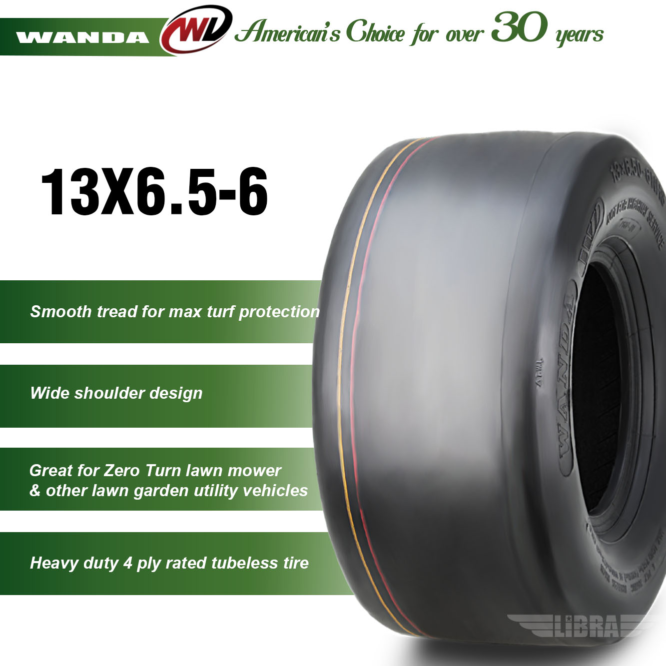 Set Of 2 WANDA 13x5-6 Zero Turn Lawn Mower Turf Tires - 4 Ply, 13x5x6, Utility Cart Compatible